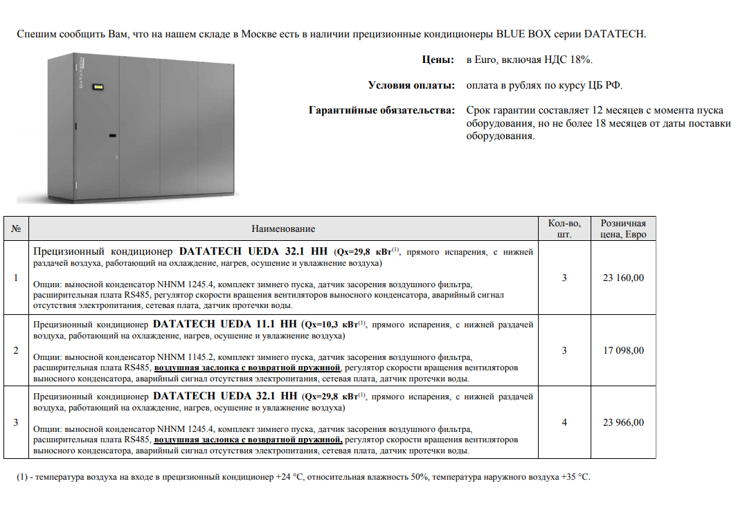 Промышленные прецизионные кондиционеры DATATECH UEDA